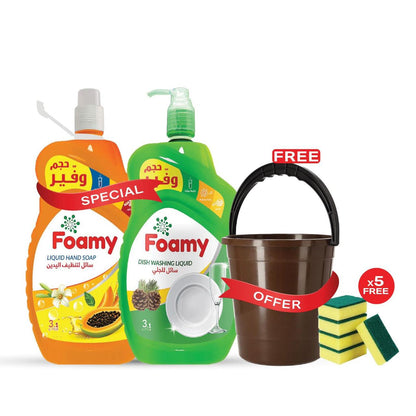 Foamy Liquid Hand Soap + Dishwashing Liquid + Pail + Scouring sponge